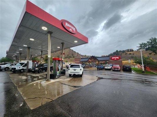 The view of the gas pumps at a Maverik convenience store in New Castle, Colorado.