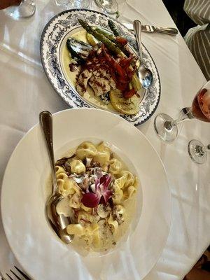 Chicken Toscana, pasta purses with cheese in truffle sauce