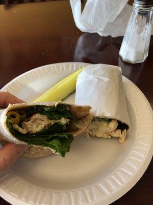 Grilled chicken w spinach cheese and green olives in whole wheat wrap!