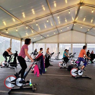 Spin class under the tent