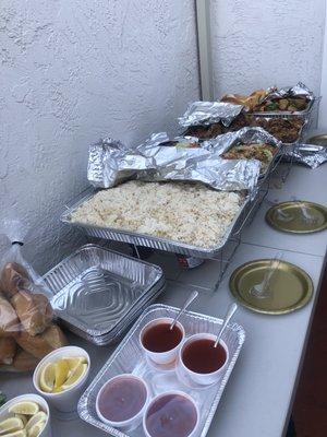 Tray set up with the sauces and lemon