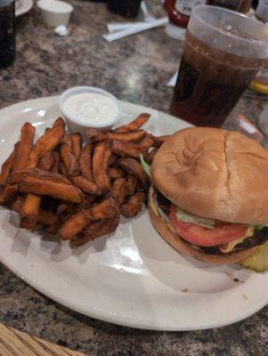 Burger and sweet potato fries