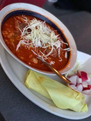 Pozole with flower tortillas