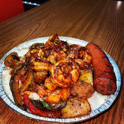 White rice with potatoes shrimp and chicken sausage onion peppers