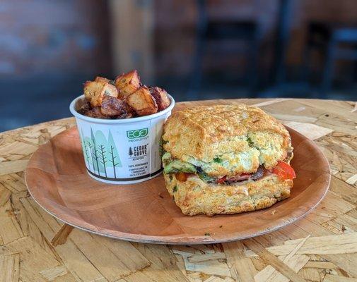 Brunch sando with breakfast potatoes