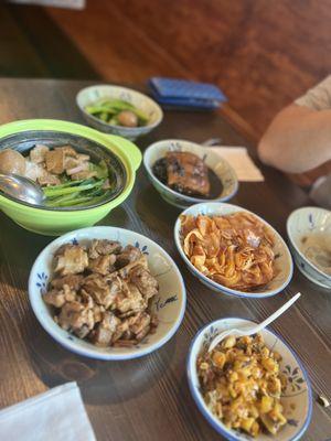 Chili spareribs, pickled cabbage, pig ears, "casserole" rice with tea egg and tofu, pork belly with fermented veg