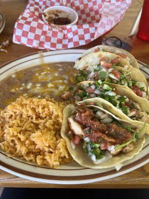 Taco plate with chicken steak, pico, on corn tortillas!