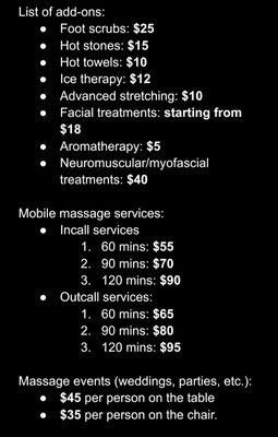 Massage services and add-ons.