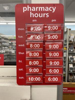 Thought this would be helpful since I always forget the pharmacy hours and they differ from store hours