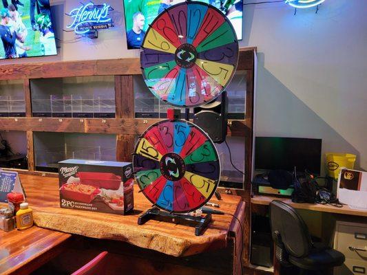 Spin and win,  coupon,  bonus prizes, jackpot night's 6pm til 7 Thursday night.