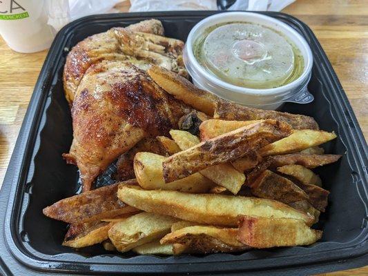 Half chicken with fries and chicken soup