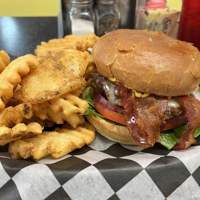 Classic Bacon cheeseburger and waffle fries... cooked just the way I like it. Med rare