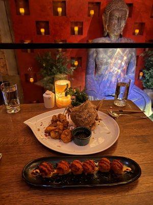 Spicy Tuna Tartare on Crispy Rice, Crispy Snapper in the Sand - IG @bougiefoodieboi