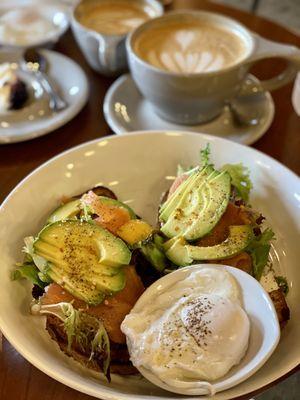 lox toast with avocado, greens, poached eggs