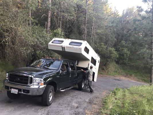 Camper mishap saved truck and camper with the help of Vic's tow truck.