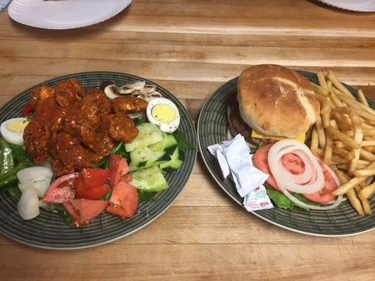 Boneless buffalo chicken salad and hand pressed burger and FF