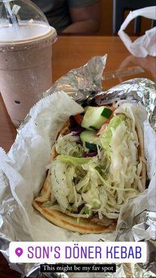 The Doner Kebab Pita, Mocha Boba Tea Slushy with Tapioca Pearls