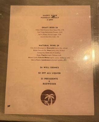 Happy Hour Menu (as of January 2024)