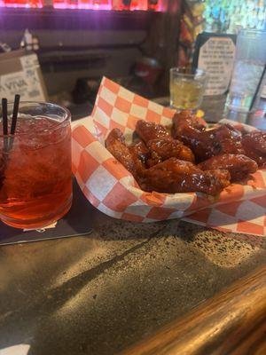 BBQ wings and my wife's vodka and cranberry