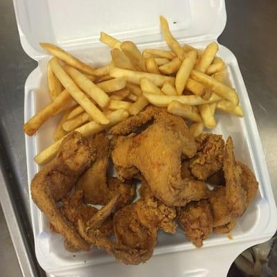 10 wings with fries for $9.53 out the door.