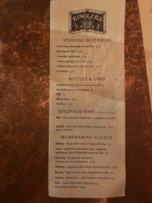 Drink menu