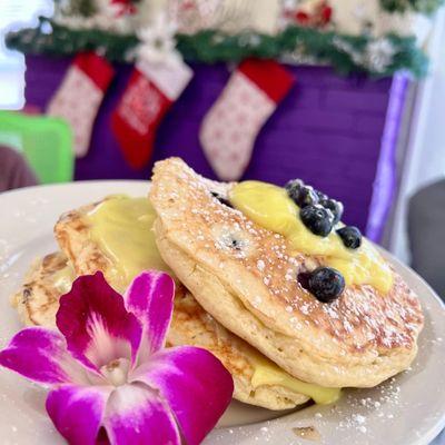 Lavendar Stuffed Blueberry Pancakes- 3 fluffy pancakes, blueberries, lemon, ricotta, lavender filling