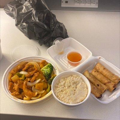 Sweet & Sour Chicken with brown rice plus order of Spring Roll s