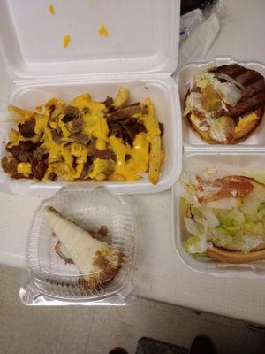 Gyro fries, cheese burger and carrot cake.  My burger is good.  Will update later