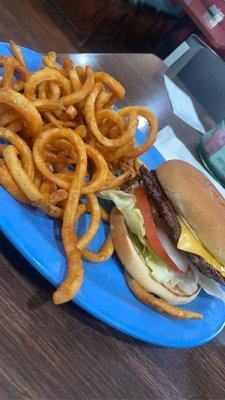 cheeseburger with curly fries