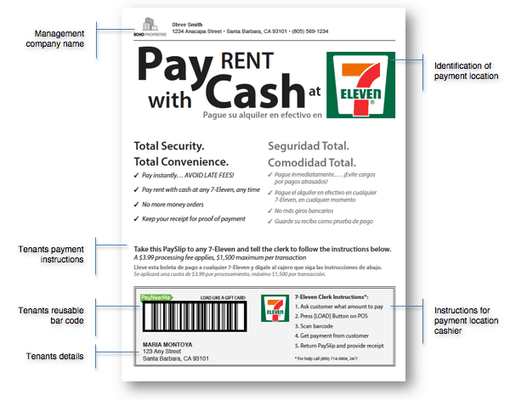 7/11's Direct pay 
 Pay instantly.... Avoid late fees!! 
 Pay rent with cash at any 7/11, any time.
 No more money orders!