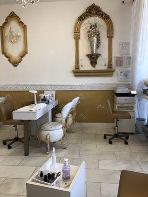 View of manicure station from pedi station