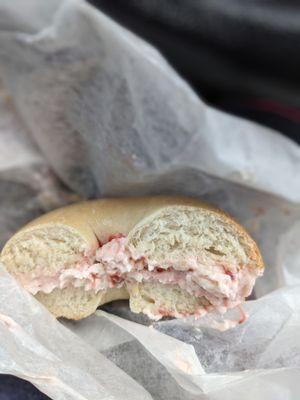 Plain bagel with strawberry cream cheese