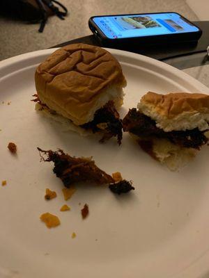 Pulled pork sliders burnt to a crisp. All our food was inedible. Need to work on quality control