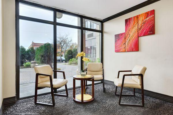 Lobby seating areas are bright and inviting.