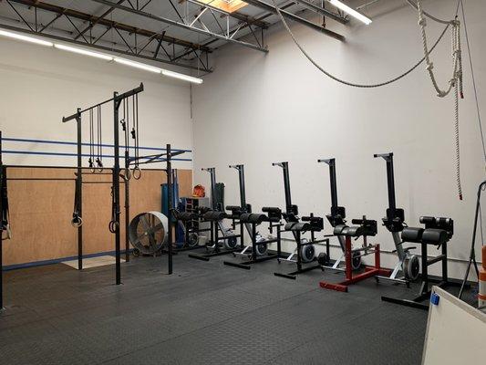 Rowers, ropes, rings (workout area)