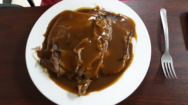 Open faced roast beef sandwich