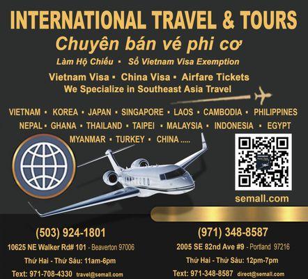 We Specialize in Southeast Asia Travel & Vietnam Visa, China Visa. Chuyên bán vé phi cơ. Làm Hộ Chiếu. Sổ 5-year Vietnam Visa Exemption.