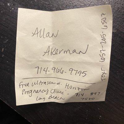 Proof that Victoria LaChapell referred me to the fake pregnancy clinic through this Post-It note.