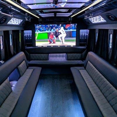 Party bus with 65 inch streaming TV for music videos or games