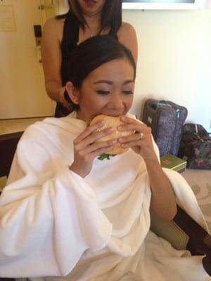 Nicole had a Teddy's volcano burger {with spud} before she said I DO. To keep her dress clean, we covered her with towels!! :)