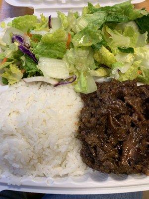 Korean beef with rice and salad, no kimchi