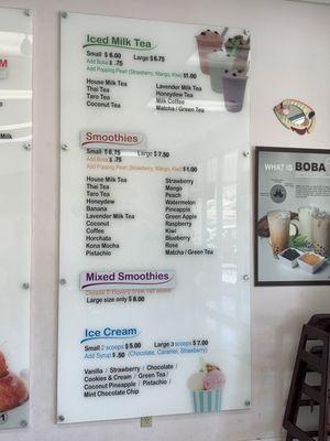 Boba, smoothie and ice cream menu