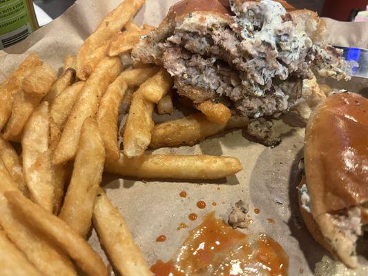 The Big Dill Pork Burger with Fries (the hot sauce was for dipping fires)