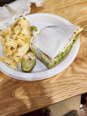 My Italian panini with half a pickle and potato chips at the Cascade Cafe.