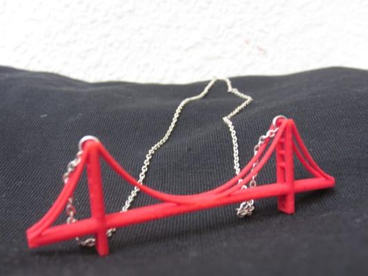 Golden Gate Bridge "Landmark" necklace produced by Hrvst 3D based in Emeryville and created on their 3D printer