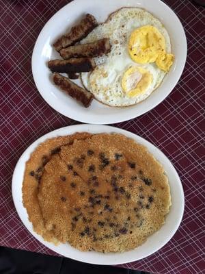 Blueberry buttermilk pancakes, 2 eggs, and link sausages- $7.89. Best pancakes ever - seriously.