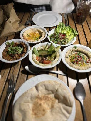 Hummous, Baba Ganoush, Labneh, Muhammara, and Taboulé (mezza)