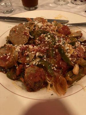 Sausage, peppers, & capellini, with parmesan.  Delishish.