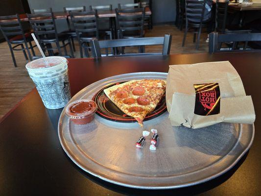 Hotbox Lunch- slice of pepperoni, breadsticks, and a drink