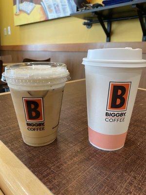 Left is an Iced Spotted Owl Latte with oat milk and the new cold foam. Right is a hot coffee.